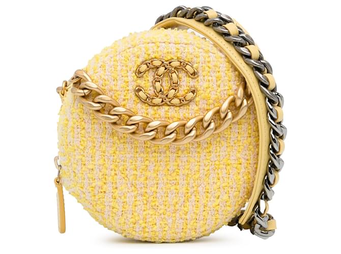 Yellow Chanel Tweed 19 Round Clutch with Chain Satchel Leather  ref.1389734