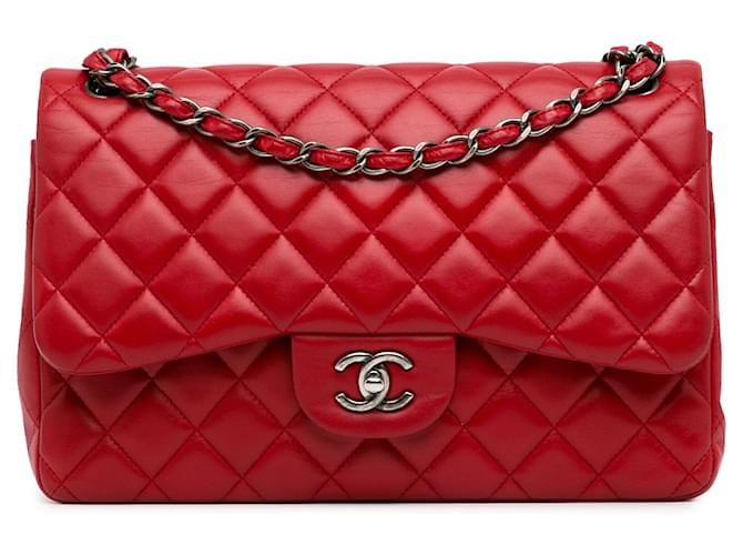 Red Chanel Jumbo Classic Lambskin Double Flap Shoulder Bag Leather  ref.1389738