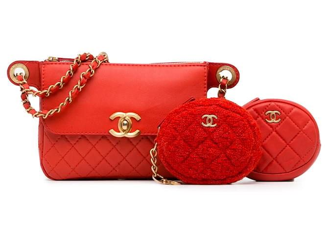 Red Chanel CC Quilted Calfskin Flap Belt Bag and Coin Purse Leather  ref.1389802