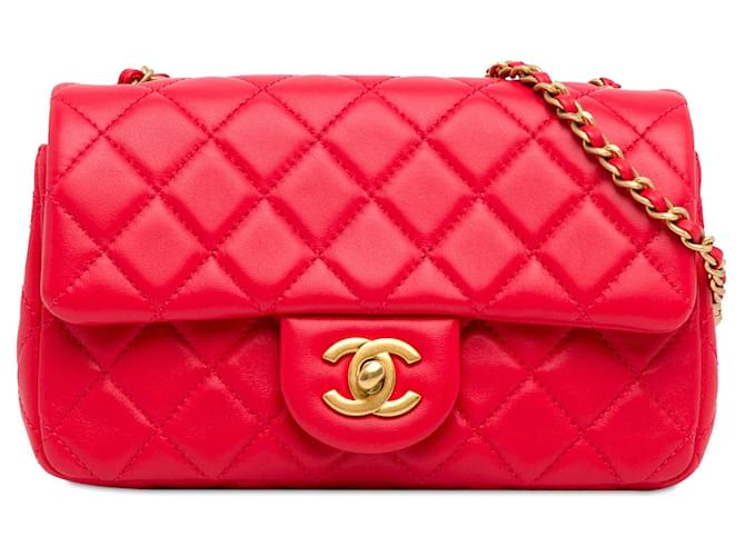 Red Chanel Mini Rectangular Lambskin Pearl Crush Flap Crossbody Bag Leather  ref.1389806