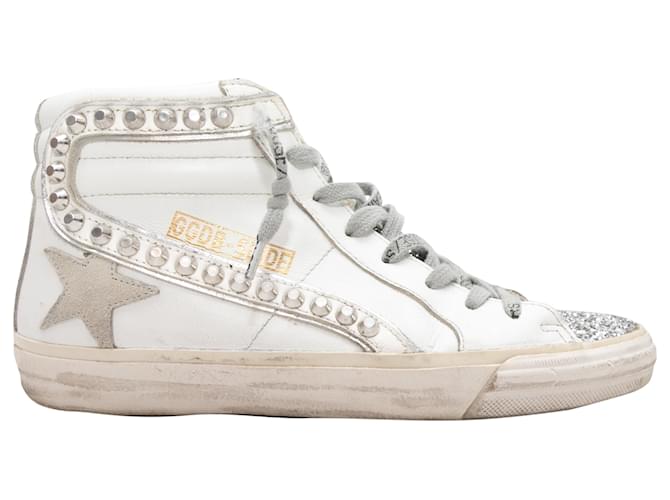 Baskets montantes cloutées Golden Goose blanches et grises Taille 37 Cuir  ref.1389844