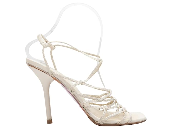 Weiße Gucci-Sandalen mit geflochtenem Leder und Riemchenabsatz, Größe 37  ref.1389845