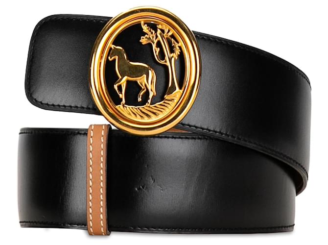 Cinto de couro com emblema de árvore de cavalo preto Hermès  ref.1389875