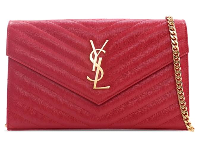Red Saint Laurent Grain De Poudre Cassandre Envelope Wallet on Chain Crossbody Bag Leather  ref.1389886