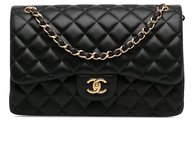 Black Chanel Jumbo Classic Lambskin Double Flap Shoulder Bag Leather  ref.1389897