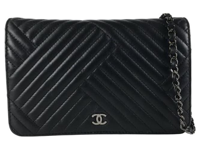 Wallet On Chain Portafoglio nero Chanel CC Crossing su borsa a tracolla con catena Pelle  ref.1389981