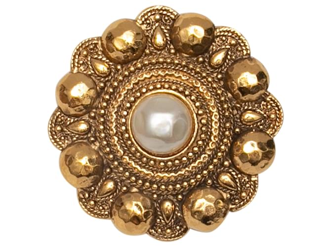 Vintage Gold-Tone Chanel Faux Pearl Medallion Brooch Golden Metal  ref.1389994