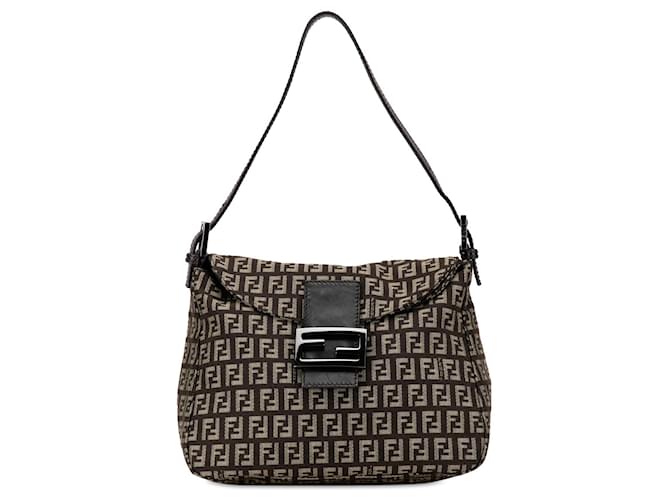 Brown Fendi Zucchino Canvas Double Flap Mamma Shoulder Bag Leather  ref.1390026