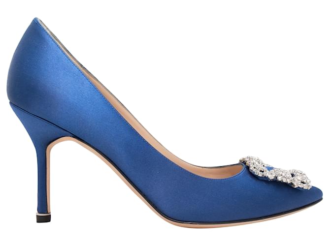 Blue Manolo Blahnik Satin & Hangisi Crystal Pointed-Toe Pumps Size 37.5 Cloth  ref.1390051