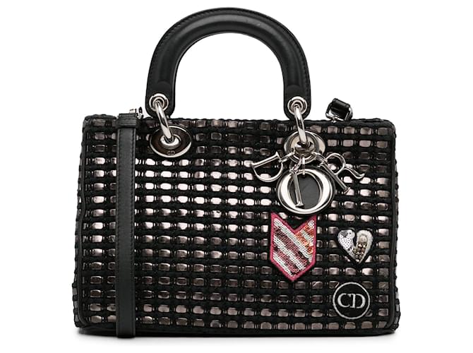 Petit sac à main Lady Dior en tweed métallisé Dior noir Cuir  ref.1390104