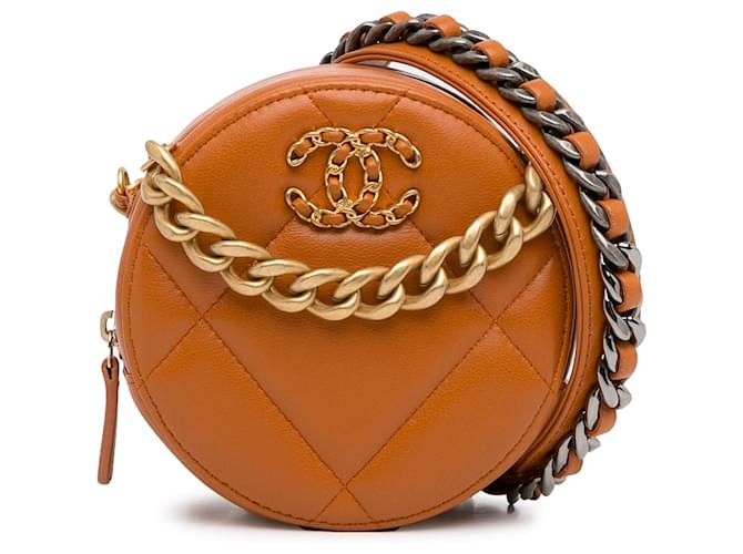 Tan Chanel Lambskin 19 Round Clutch with Chain Satchel Camel Leather  ref.1390112