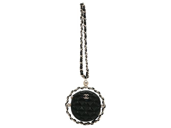 Black Chanel CC Quilted Lambskin Round Clutch With Chain Shoulder Bag Leather  ref.1390188