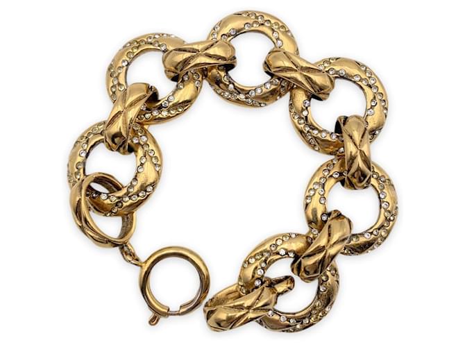 Chanel Vintage Gold Metal Crystals Ring Chain Link Bracelet Golden  ref.1390287