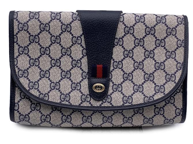 Gucci Vintage Blue Monogram Canvas Web Cosmetic Flap Bag Clutch Cloth  ref.1390292