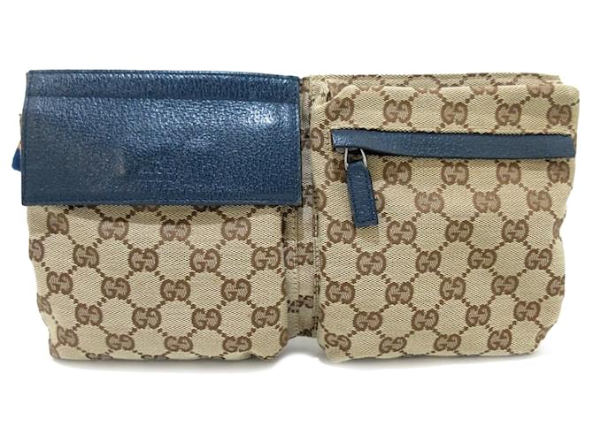 Gucci Brown GG Canvas Web Double Pocket Belt Bag Navy blue Pony-style calfskin Cloth  ref.1390911