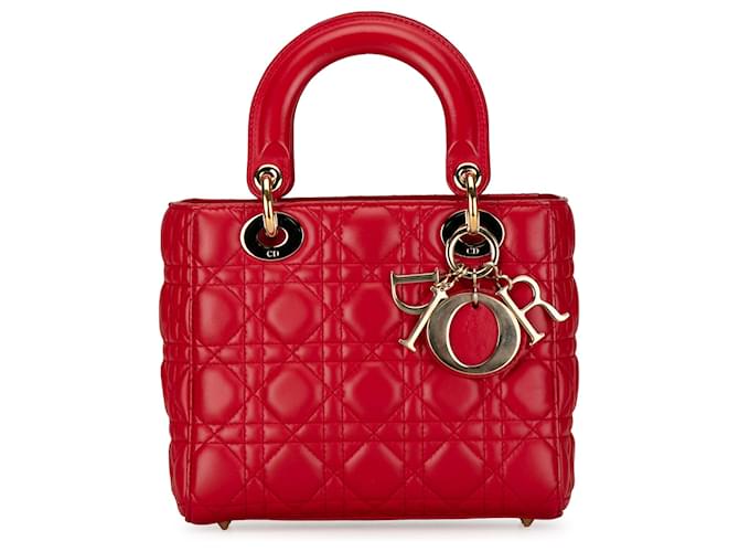 Dior Red Small Agnello Cannage Lucky Badges My Lady Dior Rosso Pelle  ref.1390916