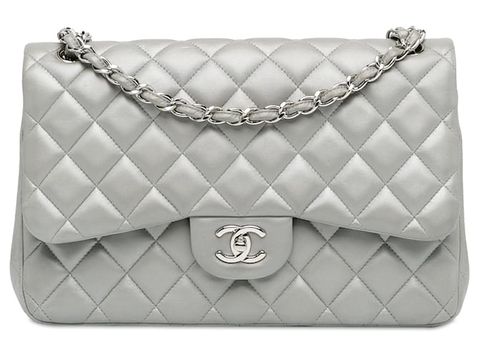 Chanel Silver Jumbo Classic Lambskin Double Flap Silvery Leather  ref.1390934