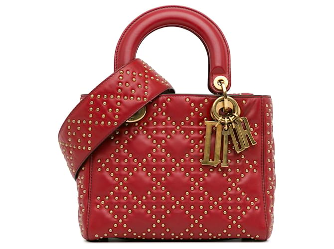 Dior Red Small Cannage de piel de cordero con tachuelas Lady Dior flexible Roja Cuero  ref.1390942