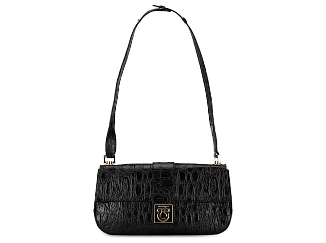 Salvatore Ferragamo Ferragamo Black Gancini Embossed Leather Shoulder Bag Pony-style calfskin  ref.1390994