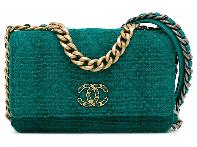 Wallet On Chain Cartera Chanel Green Tweed 19 con cadena Verde Paño  ref.1391003