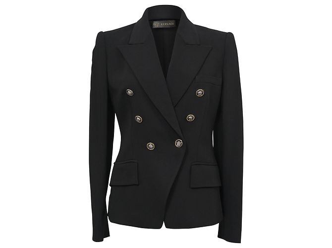 Blazer firmato Versace con petto foderato in lana nera Nero