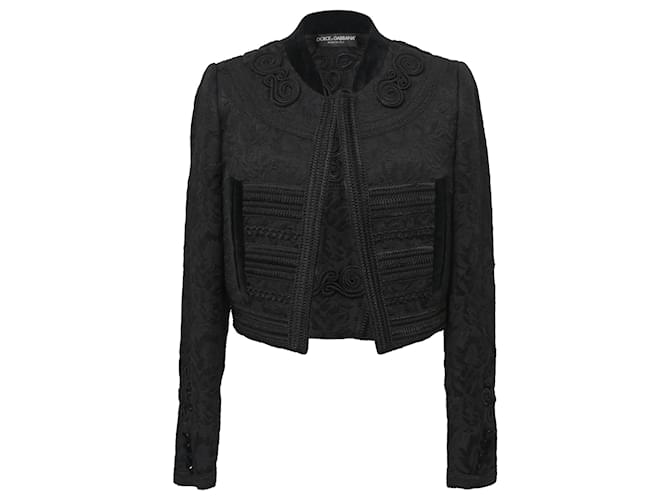 Dolce & Gabbana Jacquard Corded Applique Velvet Trim Cropped Jacket in Black Cotton  ref.1391042