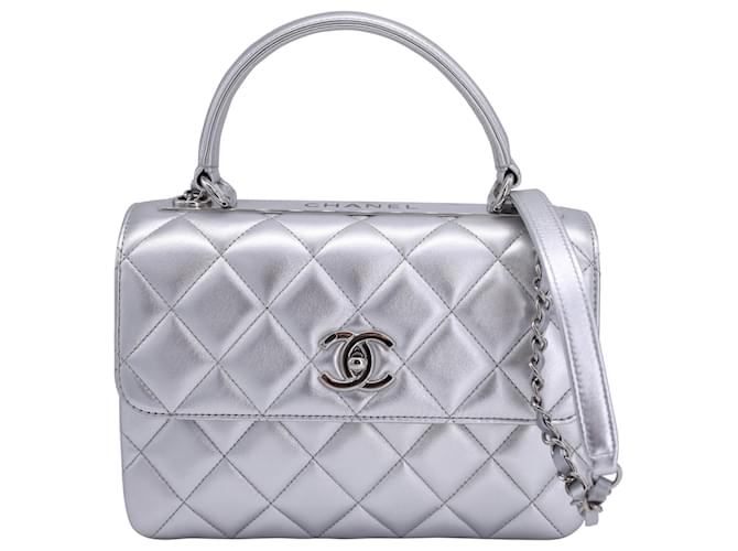 Chanel Quilted Small Trendy CC Flap Dual Handle Bag in Silver Lambskin Leather Silvery Metallic  ref.1391043