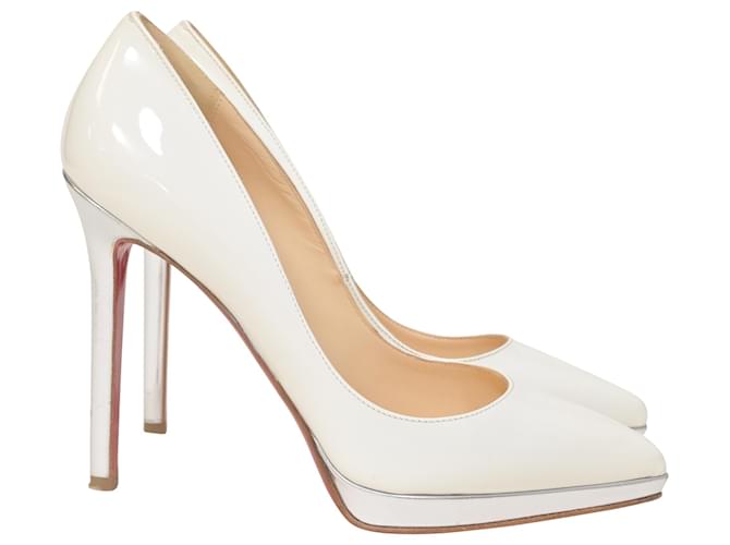 Christian Louboutin Pigalle Plato Pointed Toe Pumps in White-Silver Patent Leather Cream  ref.1391087
