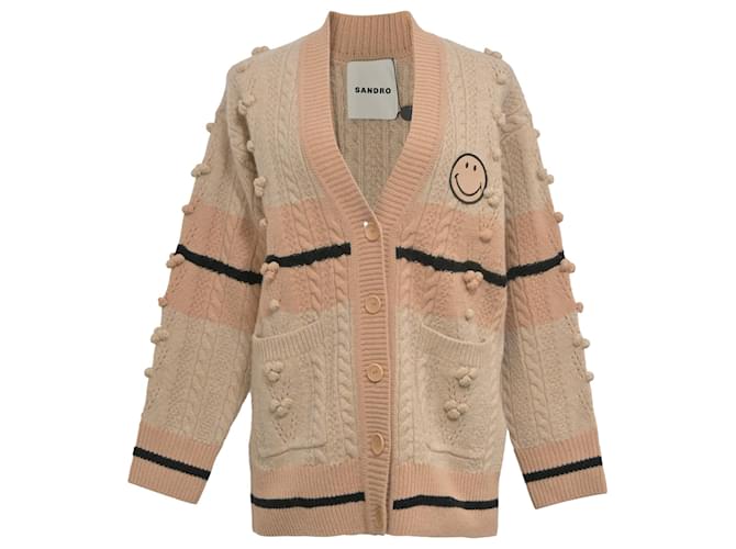 Sandro Simon Smiley-Face Embroidered Knit Cardigan in Beige Wool   ref.1391124