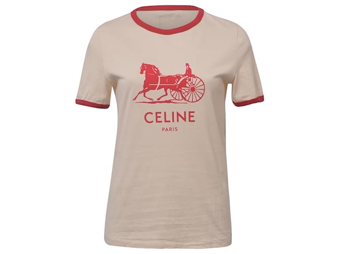 Céline Camiseta de manga corta con logo Celine en algodón color crema y rojo Blanco Crudo  ref.1391127