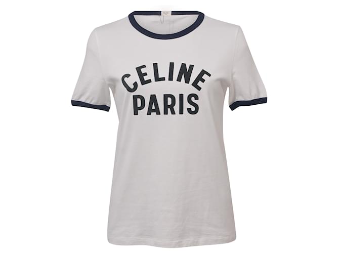 Edge Céline Celine Logo Short Sleeve T-Shirt in White Cotton  ref.1391128