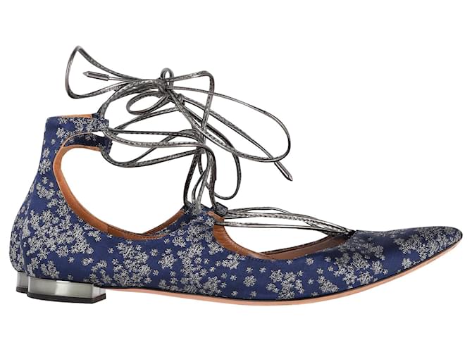 Aquazzura Ballerines Christy en Cuir Floral Bleu Marine  ref.1391134