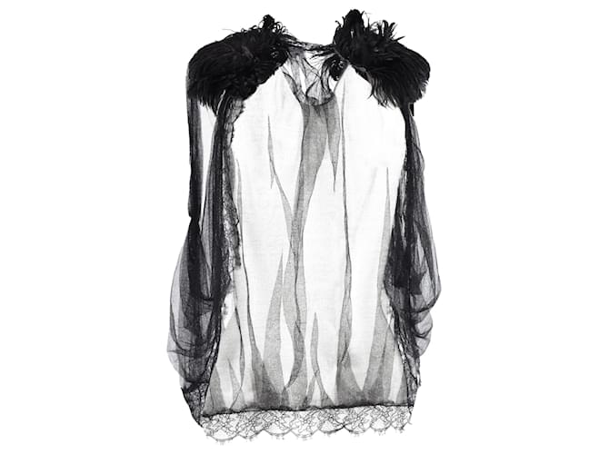 Alberta Ferretti Sheer Vest in Black Silk Tulle and Feathers  ref.1391150