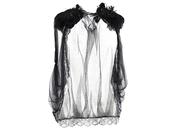 Alberta Ferretti Chaleco transparente de tul de seda negro y plumas  ref.1391150