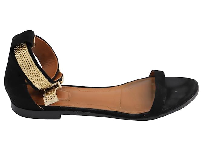 Sandalias planas con puños al tobillo de Givenchy en cuero negro  ref.1391162