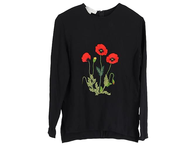 Stella Mc Cartney Stella McCartney Pull ras du cou coquelicots brodés en viscose noire Fibre de cellulose  ref.1391168