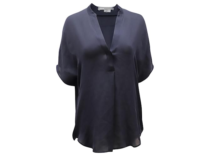 Vince Notch Neck Blouse in Navy Blue Silk   ref.1391171