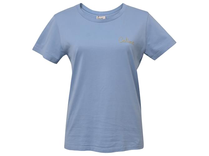 Céline Kurzärmliges T-Shirt mit Celine-Logo aus blauer Baumwolle Hellblau  ref.1391186