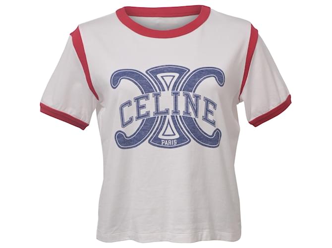 Céline Kurzärmliges T-Shirt mit Celine-Logo aus weißer Baumwolle  ref.1391199