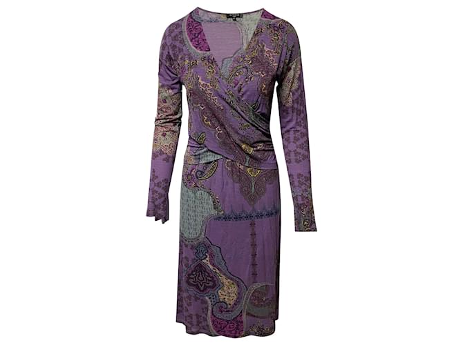 Vestido cruzado con estampado de cachemira en lana violeta de Etro  ref.1391205