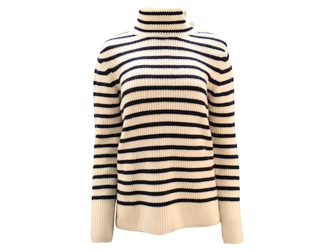 Tory Burch Gestreifter Rollkragenpullover aus weißer Wolle  ref.1391211