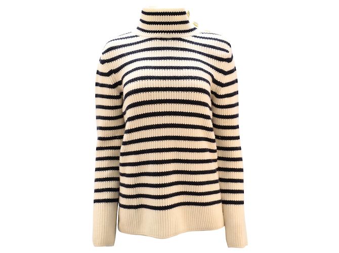 Tory Burch Pull à Col Roulé Rayé en Laine Blanche