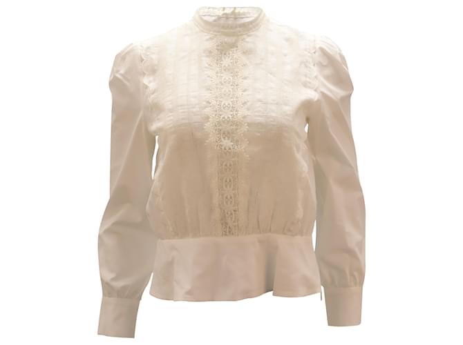 Sandro Paris Long-sleeve Lace Detail Blouse in White Cotton  ref.1391224