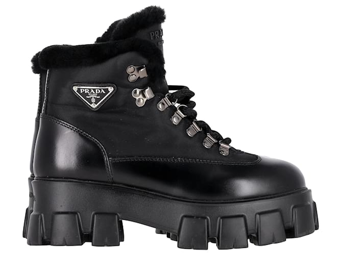 Prada Monolith Chunky Boots in Black Leather and Nylon  ref.1391231