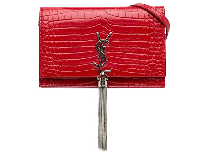 Carteira pequena Kate Tassel vermelha Saint Laurent em relevo em bolsa crossbody de corrente Vermelho Couro  ref.1391612