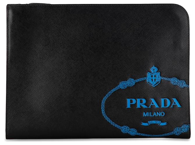 Embreagem preta com logotipo Prada Saffiano preto Couro  ref.1391652