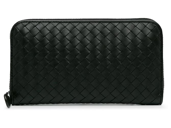 Carteira longa Bottega Veneta Intrecciato preta com zíper Preto Couro  ref.1392054