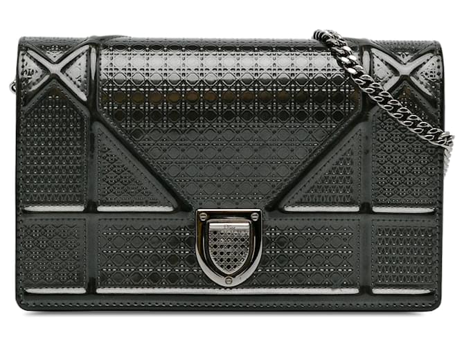 Black Dior Metallic Patent Microcannage Diorama Wallet on Chain Crossbody Bag Leather  ref.1392056