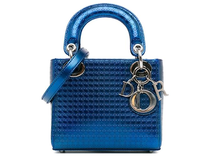 Cartable Dior Mini Verni Microcannage Lady Dior Bleu Cuir  ref.1392063