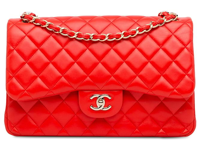 Red Chanel Jumbo Classic Lambskin Double Flap Shoulder Bag Leather  ref.1392084